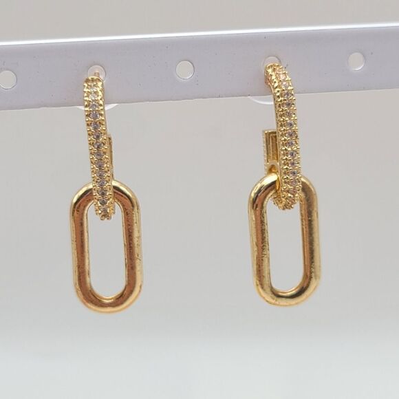 Link Earrings. Gold tone. Rhinestones,  pierced - Picture 1 of 5
